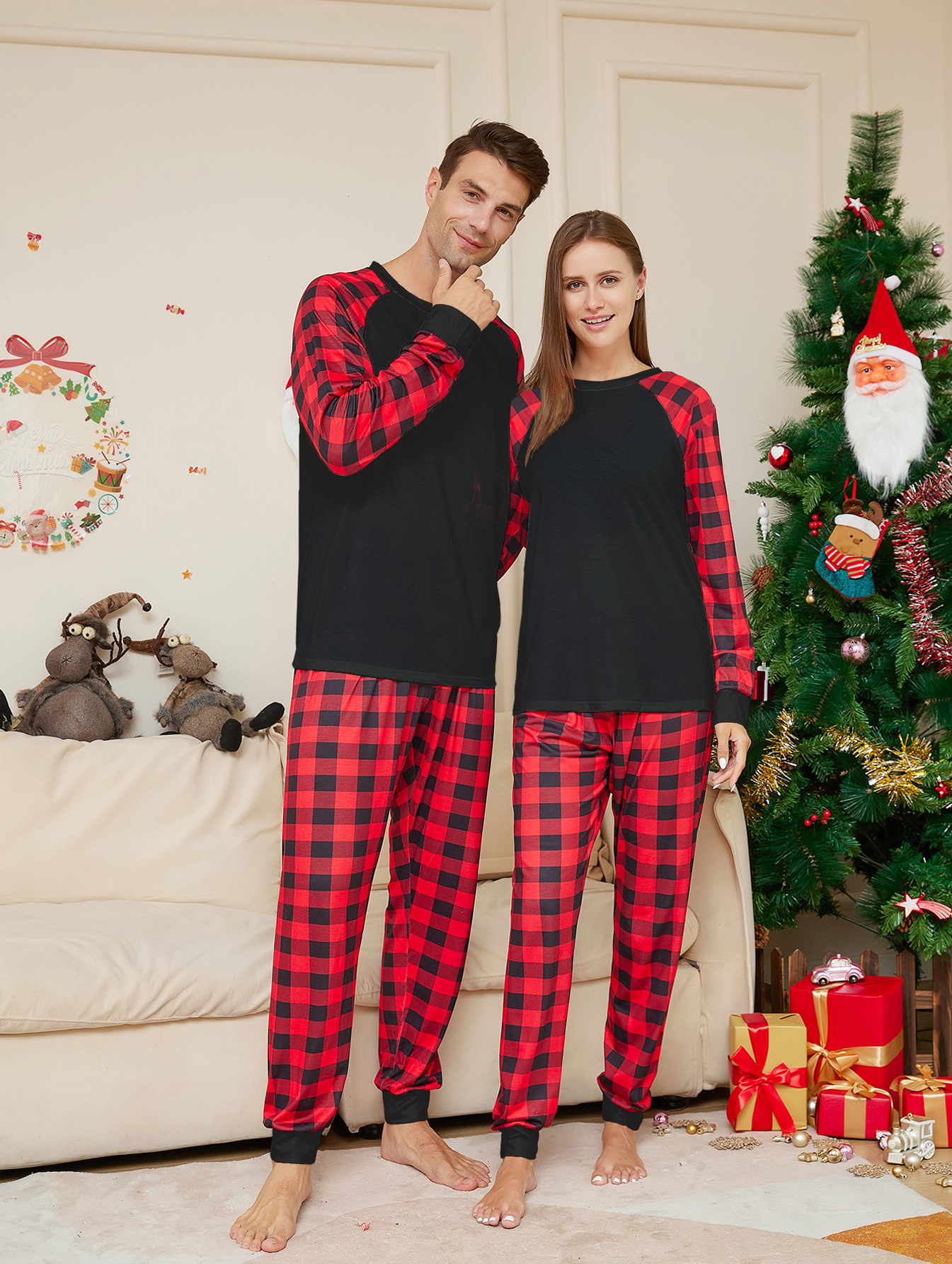 Women's Fashion Christmas Solid Color Plaid Printed Pajamas Set — foto 2