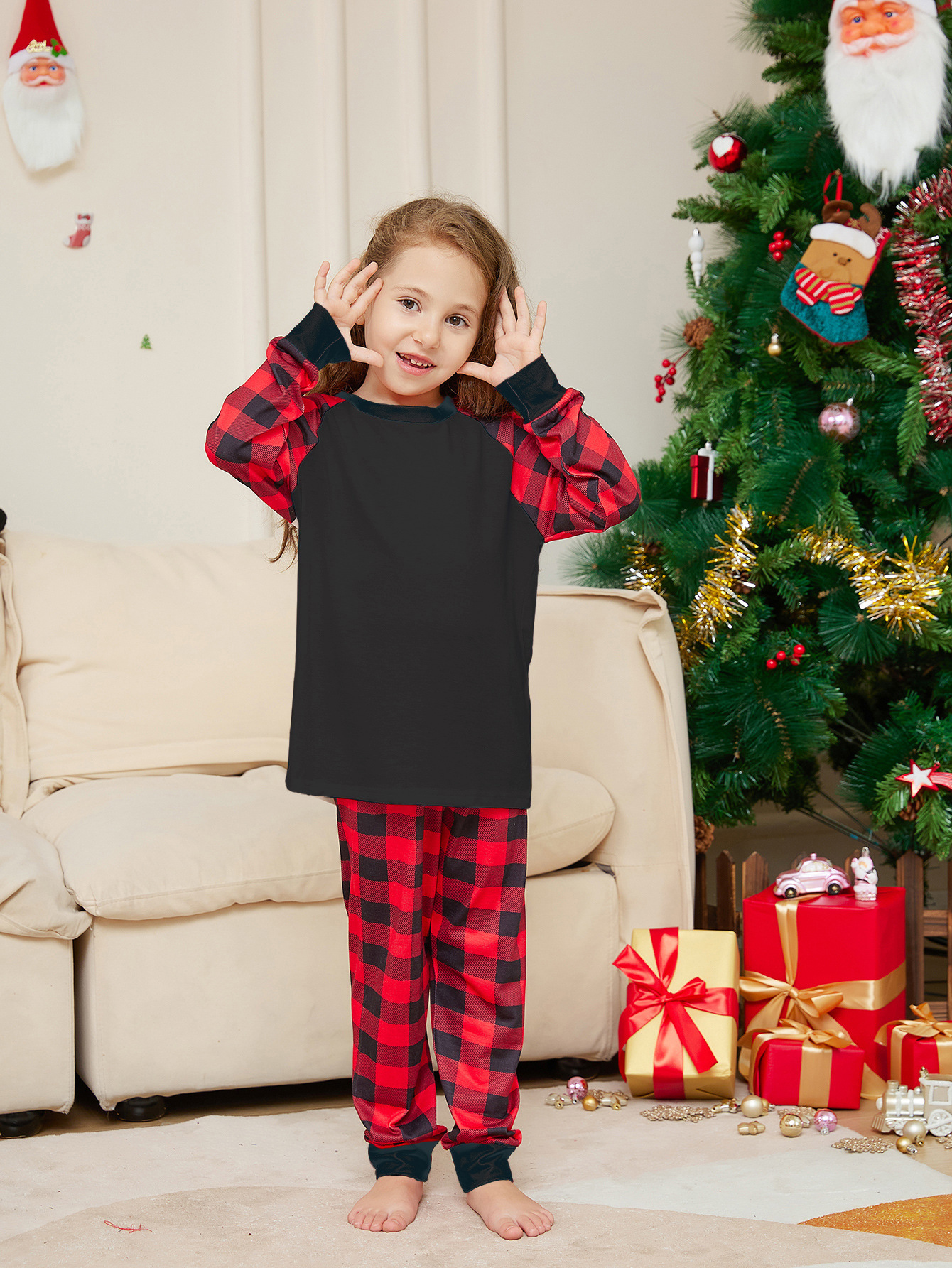Women's Fashion Christmas Solid Color Plaid Printed Pajamas Set — foto 3