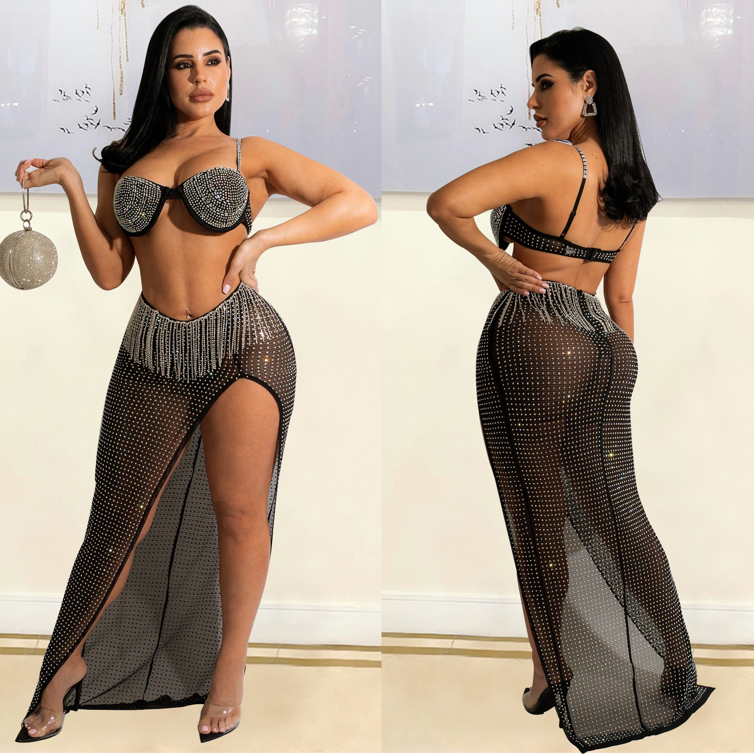 Women's Mesh Rhinestone Tassel Dress