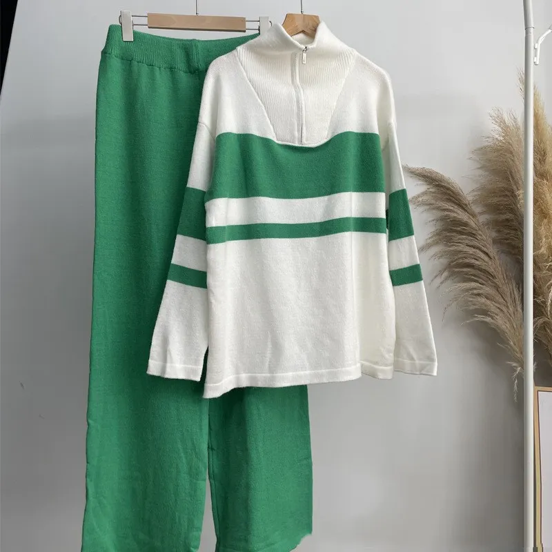 Zip Top Loose Pants Casual Two-piece Suit - Green