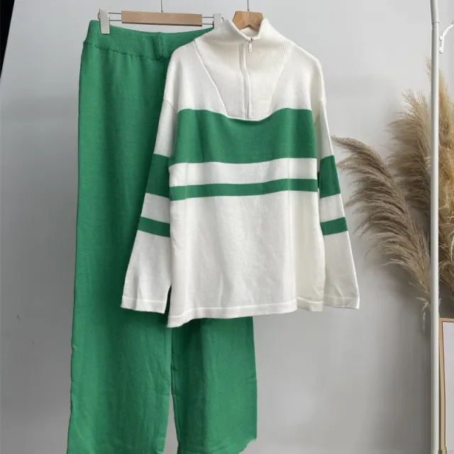 Zip Top Loose Pants Casual Two piece Suit Green - Shop at LoveMi