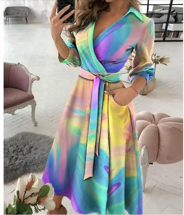 Fashion Long Sleeve V-neck Printed Dress