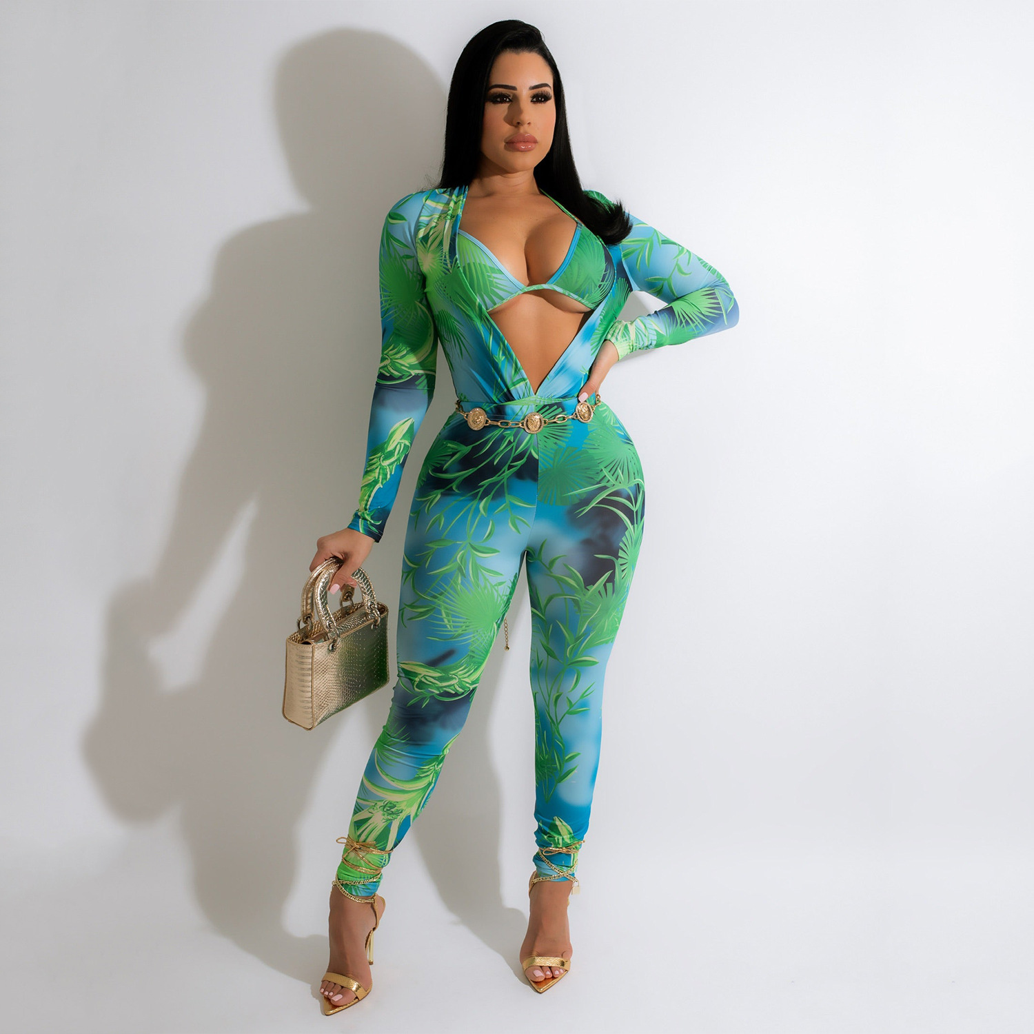 Printed Jumpsuit Long Sleeve Blouse And Pants
