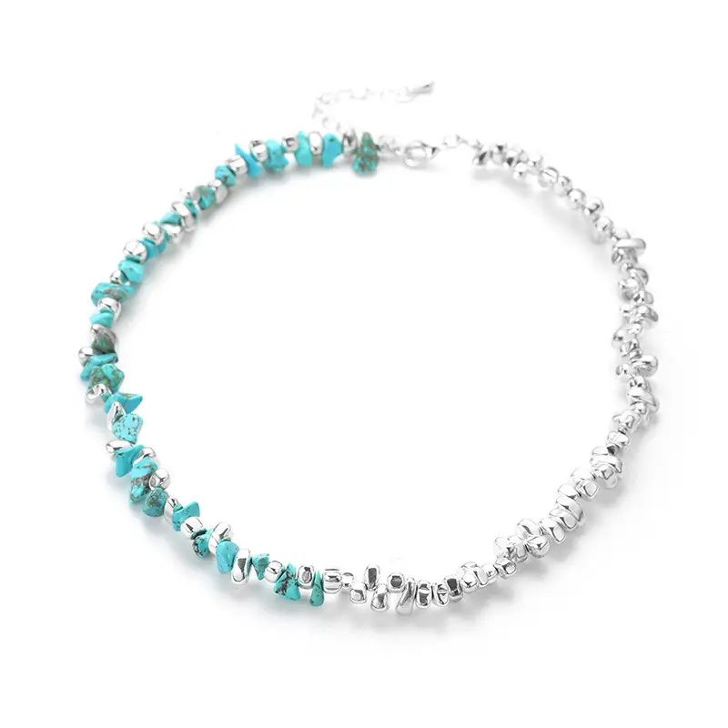 Natural Stone Small Pieces Of Silver Turquoise Handmade Necklace