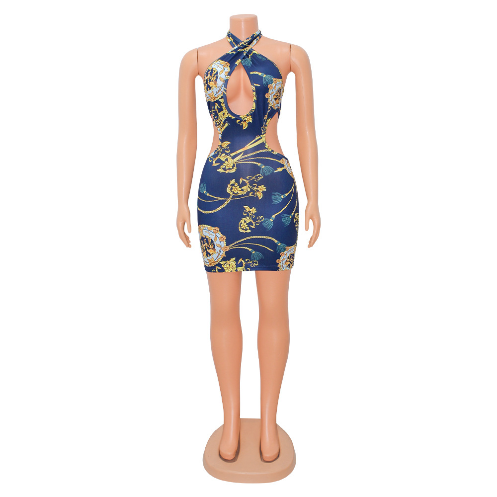 Printed Hollow-out Halter Jumpsuit Skirt