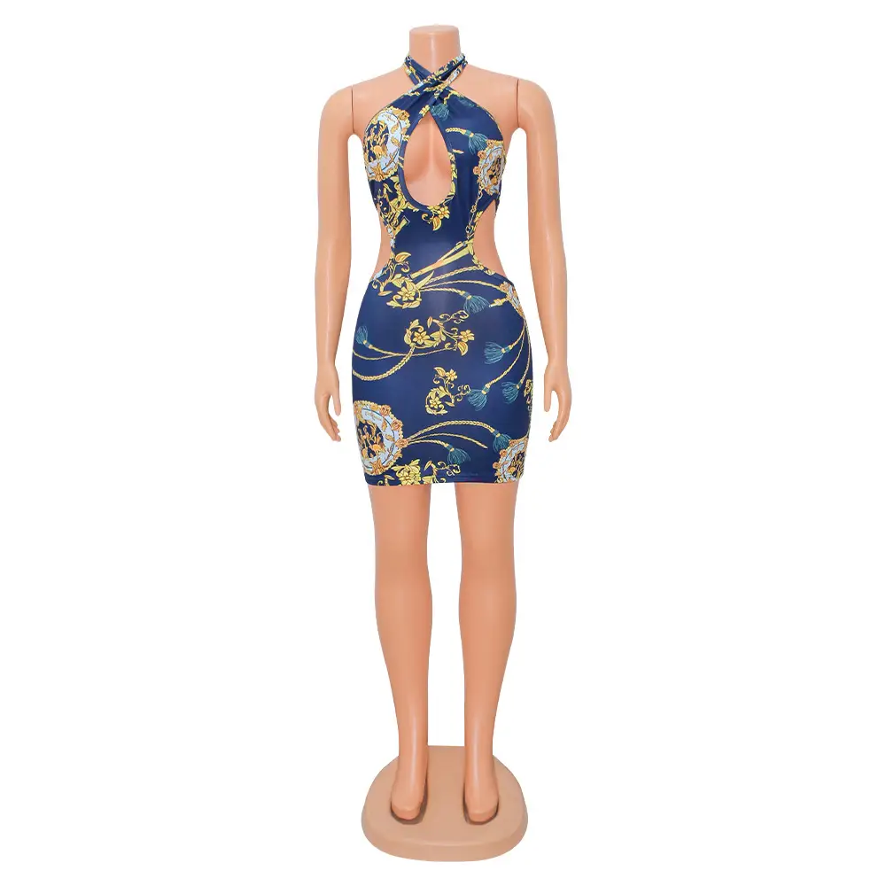 Printed Hollow-out Halter Jumpsuit Skirt