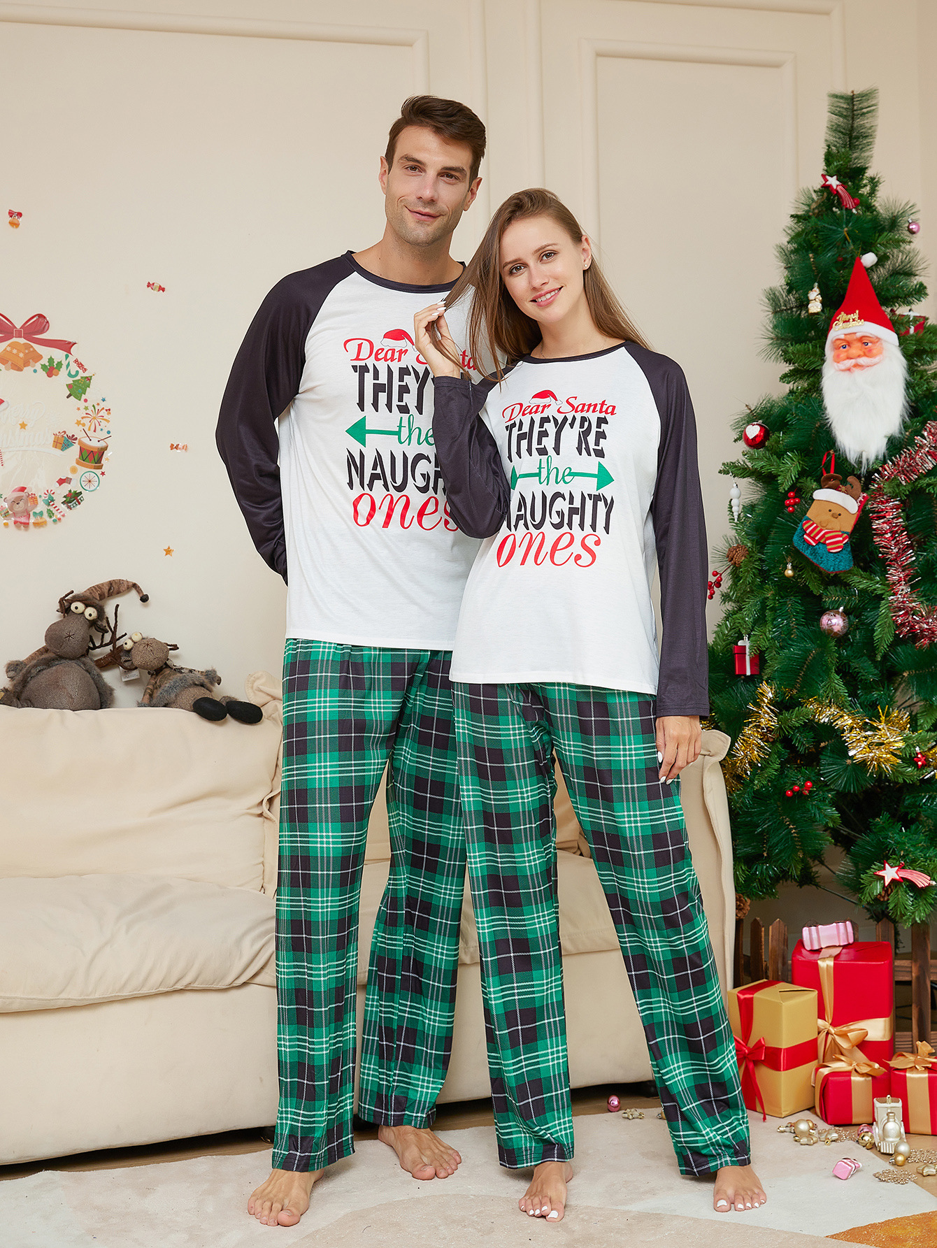 Women's Fashion Green With Letters Plaid Printed Homewear Pajamas Suit — foto 3