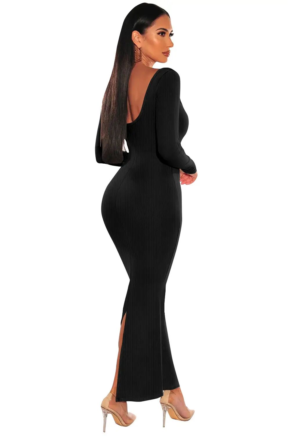 Women's Slim Fit Square Collar Long Sleeve Knitted Dress