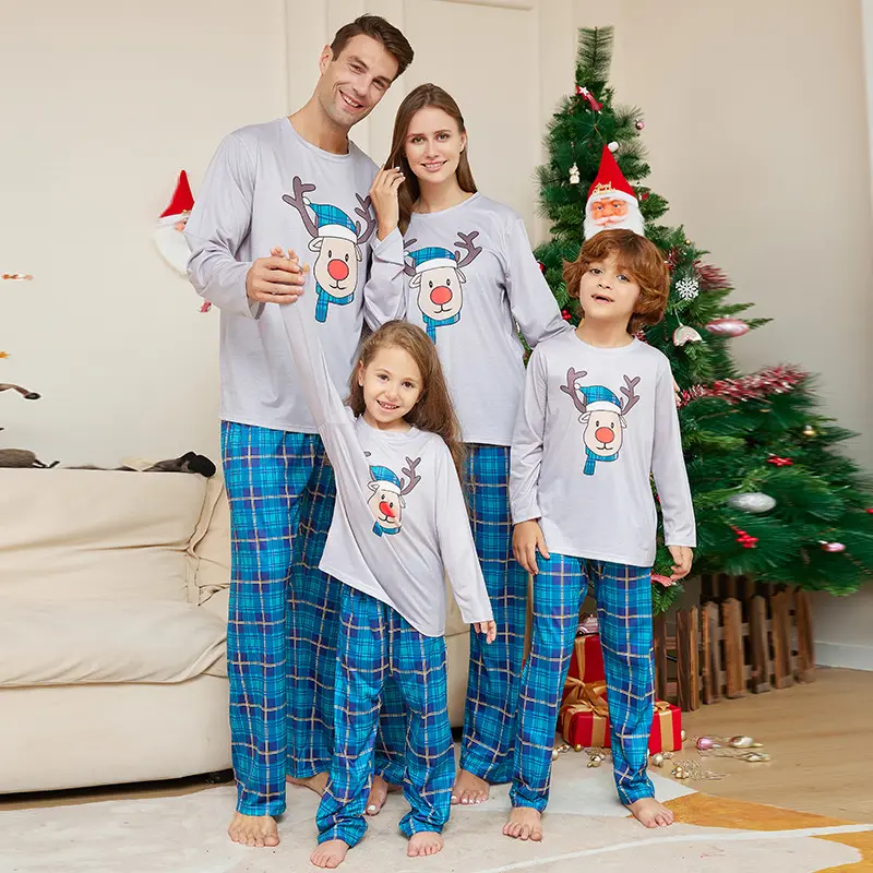 Christmas Cartoon Deer Head Blue Plaid Crew