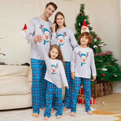 Christmas Cartoon Deer Head Blue Plaid Crew Neck Long
