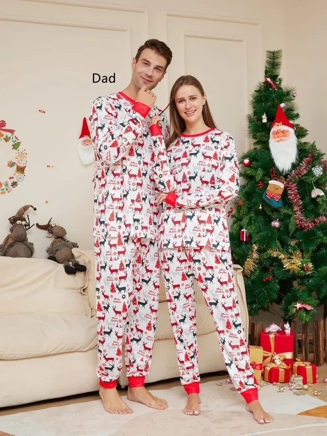 Cartoon Flower Deer Print Parent child Christmas Pajamas Home Wear Suit Red - Shop at LoveMi