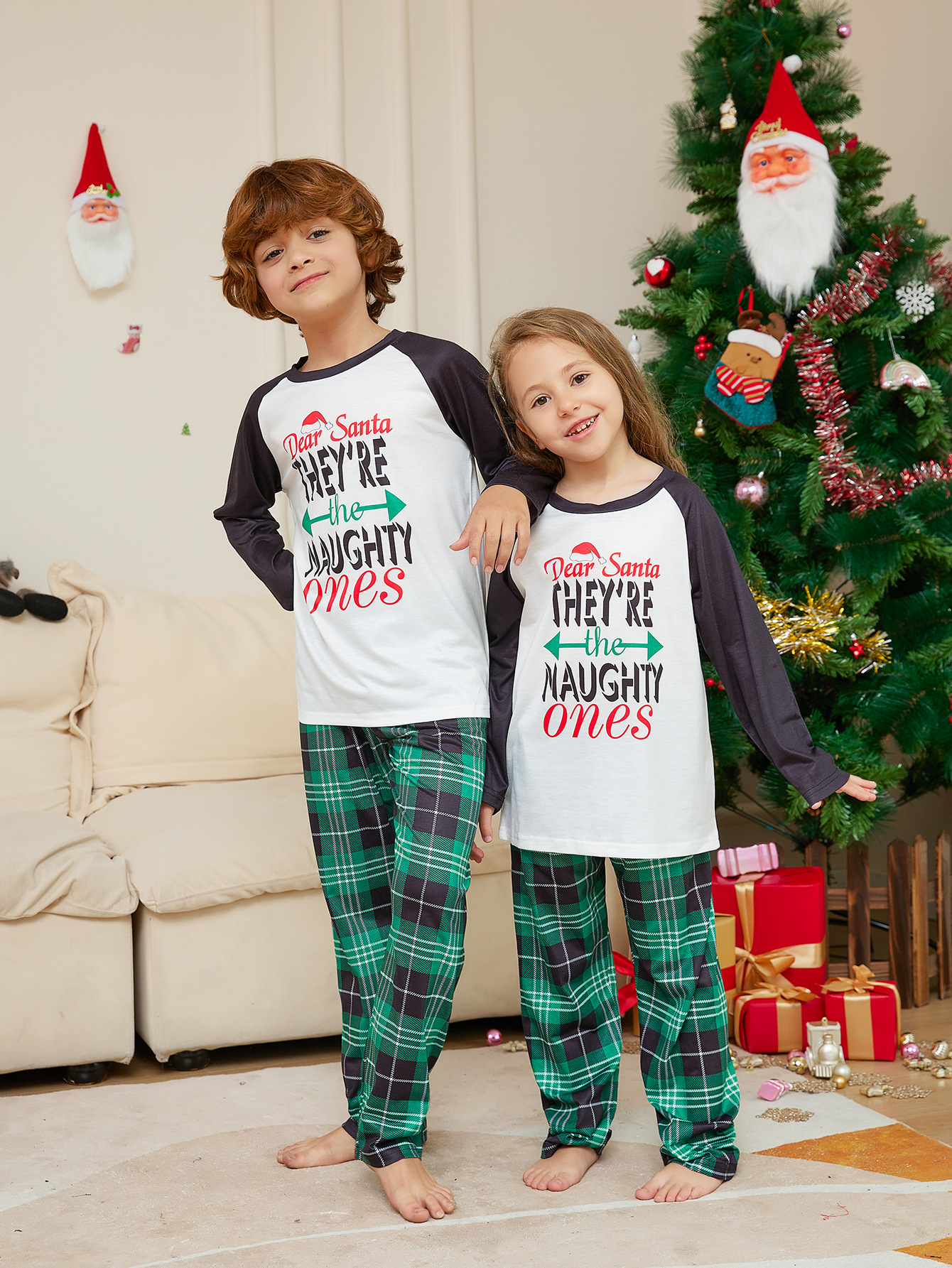 Women's Fashion Green With Letters Plaid Printed Homewear Pajamas Suit — foto 2