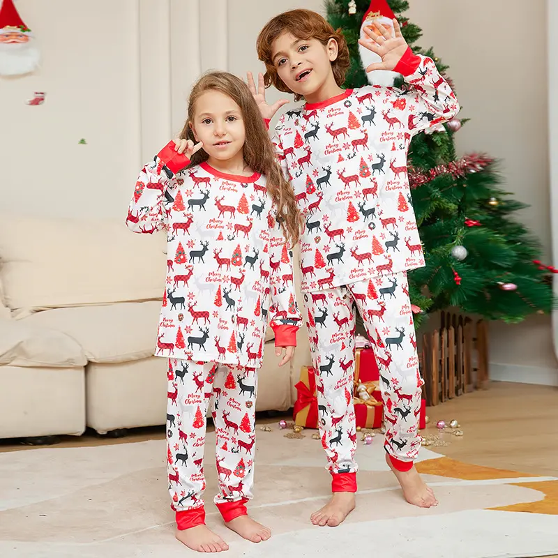 Cartoon Flower Deer Print Parent-child Christmas Pajamas