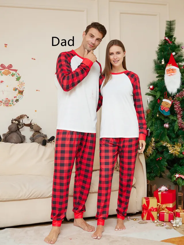 Christmas Solid Color Plaid Printed Christmas Parent child Homewear Suits White - Shop at LoveMi
