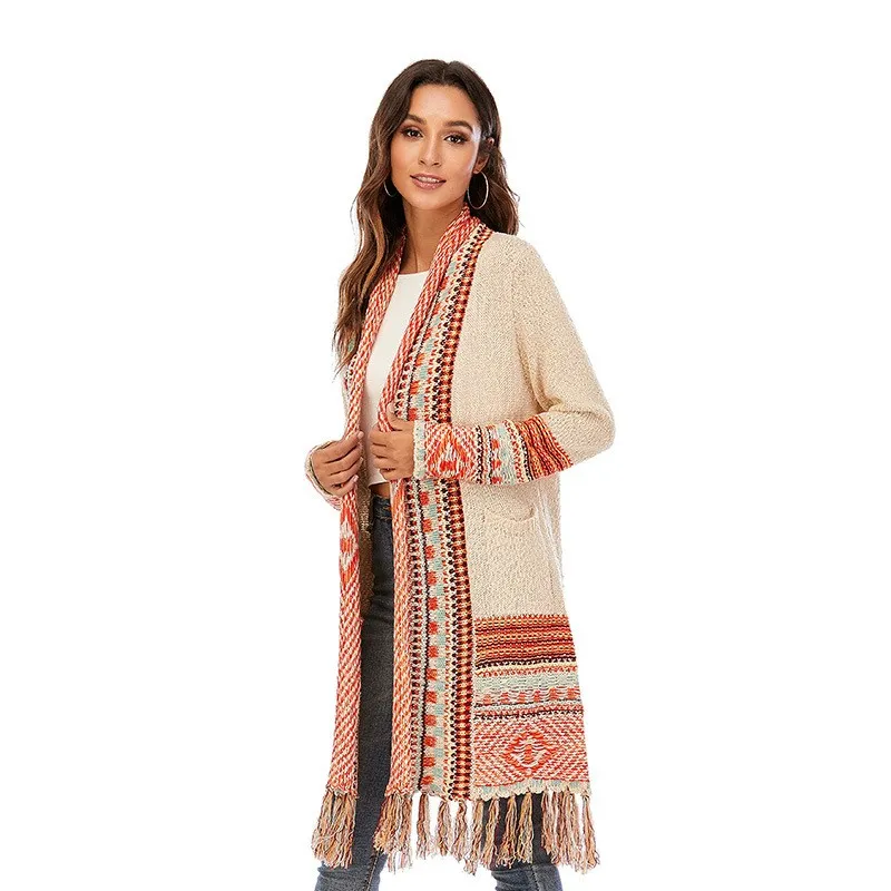 Retro Ethnic Style Tassel Sweaters Coat - Apricot