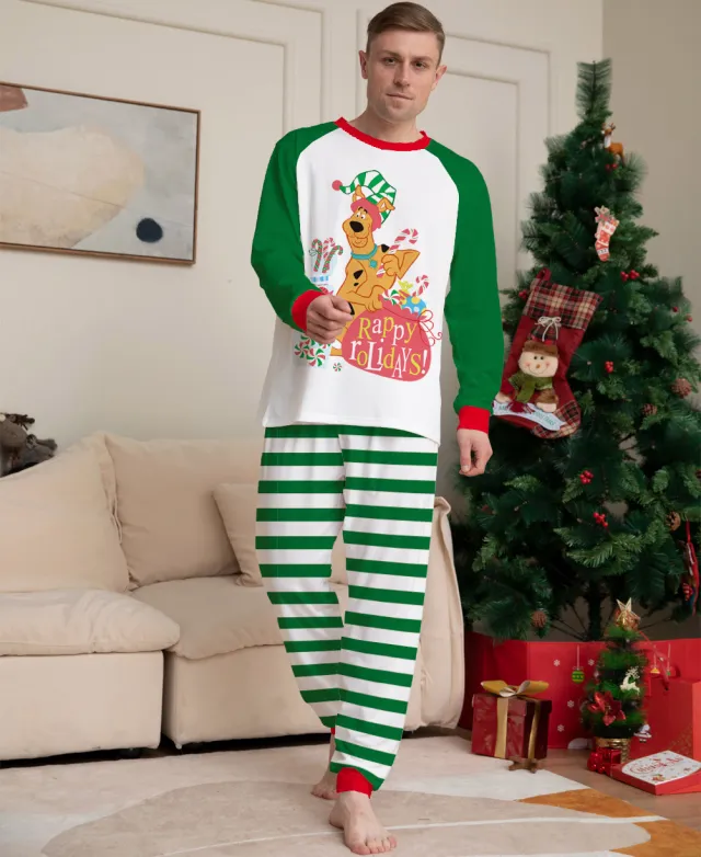 Green Cartoon Striped Printed Long Sleeves Festival Homewear Pajamas Green - Shop at LoveMi