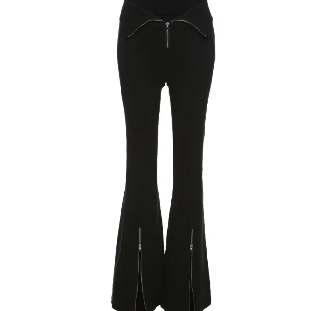 Niche Designer Black V shaped Flanging Zipper Bootcut Trousers Slimming High Waist Slit Casual Trousers Black - Shop at LoveMi