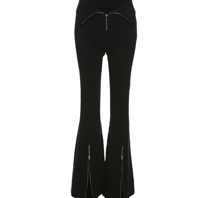 Niche Designer Black V-shaped Flanging Zipper Bootcut Trousers Slimming High Waist Slit Casual Trousers - Black