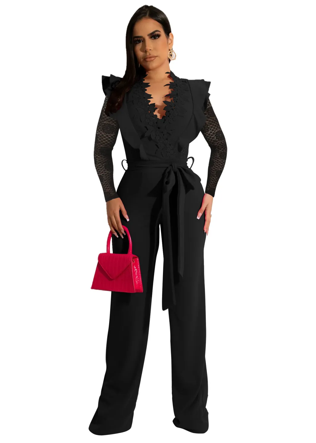 Fashion Business Slim Fit V-neck Lace See-through Type Jumpsuit - Xl