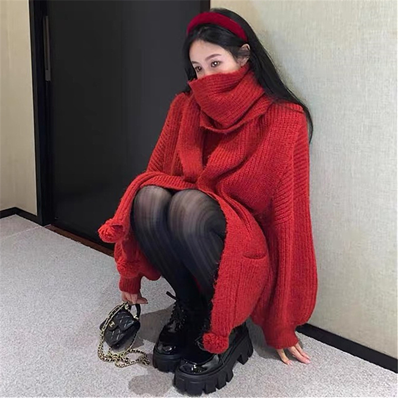 Christmas Red Sweater Women's Scarf Pullover Sweater