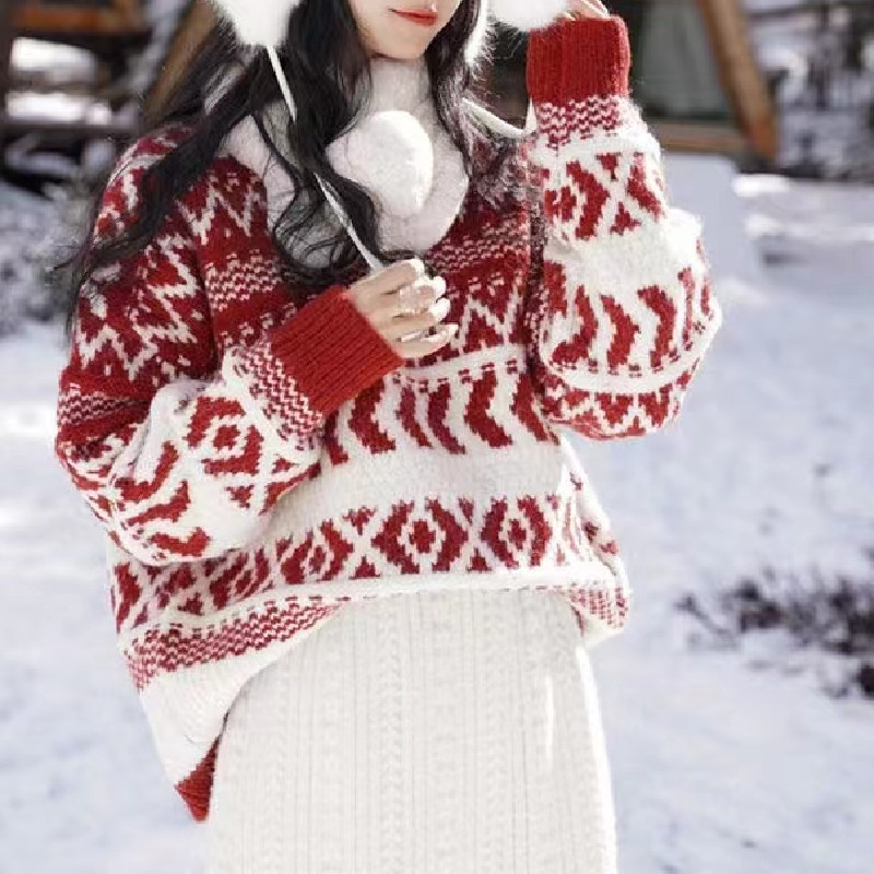 Red Women's Thickened Christmas Loose Sweater