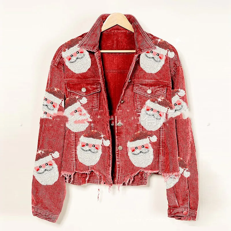 Corduroy Sequined Santa Coat Women's Polo Collar Jacket - Red