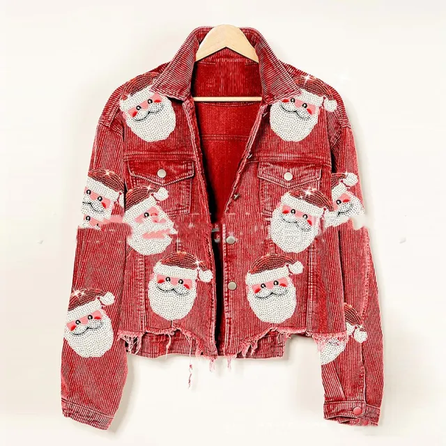 Corduroy Sequined Santa Coat Women's Polo Collar Jacket Red - Shop at LoveMi