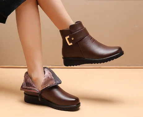Winter Cotton Fleece lined Flat Bottom Non slip Warm Elderly Short Boots Brown - Shop at LoveMi