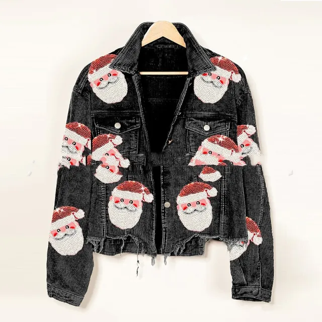 Corduroy Sequined Santa Coat Women's Polo Collar Jacket Black - Shop at LoveMi