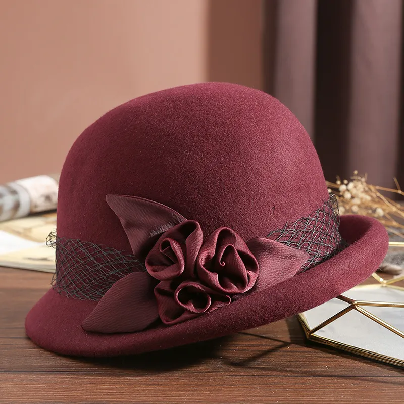 Women's Wool Top Retro Woolen Basin Hat - Wine Red