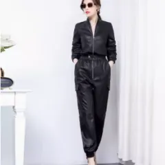 Unique And High-end Feeling, Slim Fitting Black PU Leather Work Suit And Jumpsuit For Women - Black - View 1