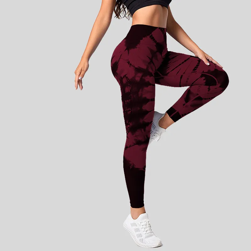 High Waist Hip Lift High Elastic Tie-dye Seamless Yoga Pants - Wine Red - View 1