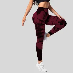 High Waist Hip Lift High Elastic Tie-dye Seamless Yoga Pants - Wine Red - View 1