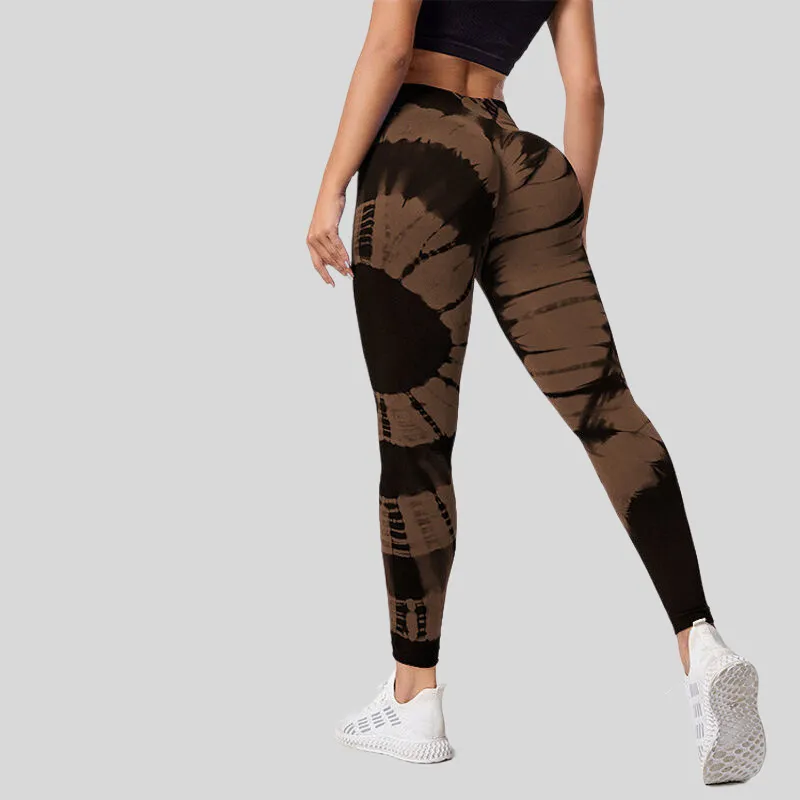 High Waist Hip Lift High Elastic Tie-dye Seamless Yoga Pants - Brown - View 1