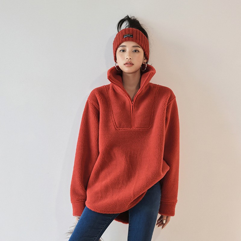 Winter Fleece-lined Zipped Stand Collar Coat Casual Loose-fitting Women's Sweater