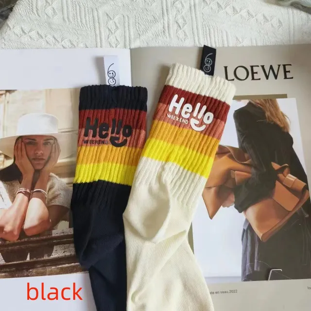 Hot Stamping Cloth Label Color Matching Pleated Mid high Socks Black - Shop at LoveMi