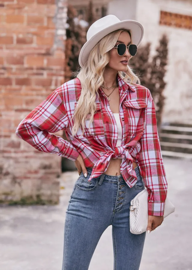 Women's Autumn Winter Coat Casual Fashion Loose Plaid Shirt Red - Shop at LoveMi