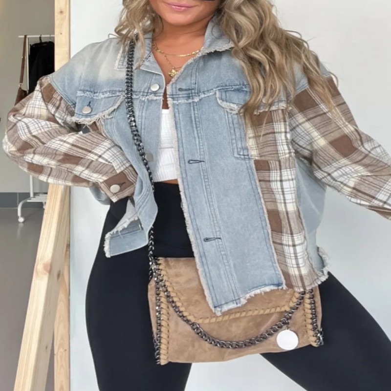 Women's Plaid Stitching Wash Denim Coat