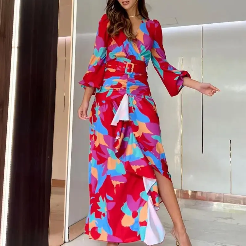 Women's Vintage Printed Deep V Split Dress