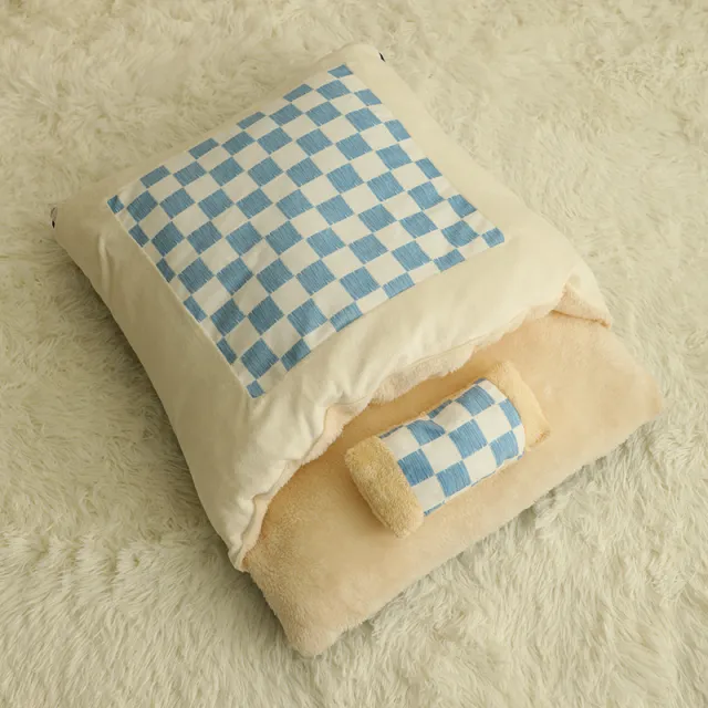 Cat Nest Winter Warm Semi enclosed Quilt Blue And White Plaid - Shop at LoveMi