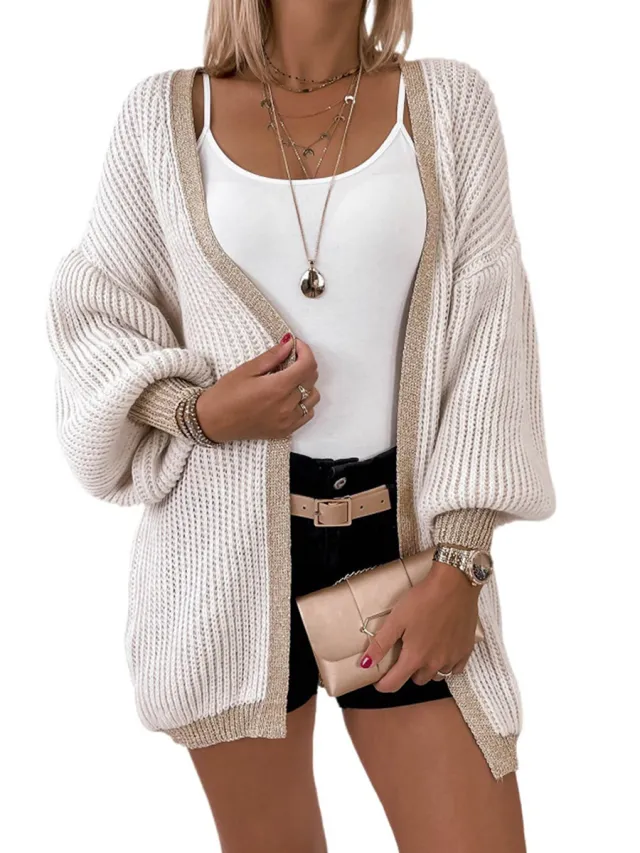 Women's Loose Fitting Casual Color Contrast Cardigan Apricot - Shop at LoveMi