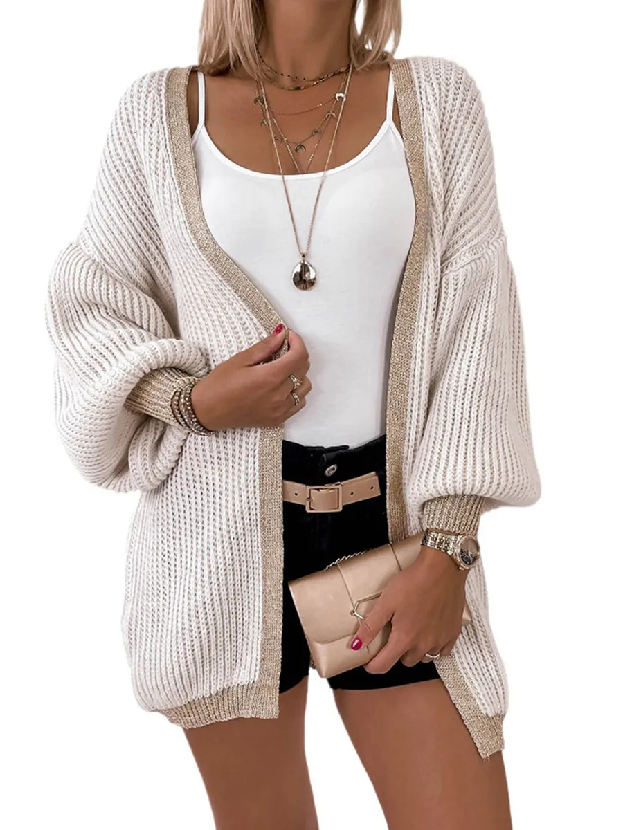 Women's Loose Fitting Casual Color Contrast Cardigan - Apricot