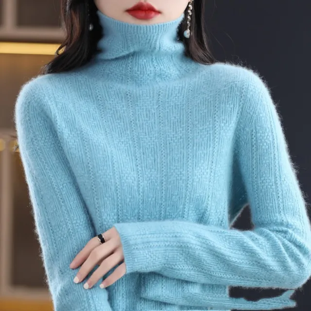 Pure Wool Sweater Cascading Collar Women Lake Blue - Shop at LoveMi
