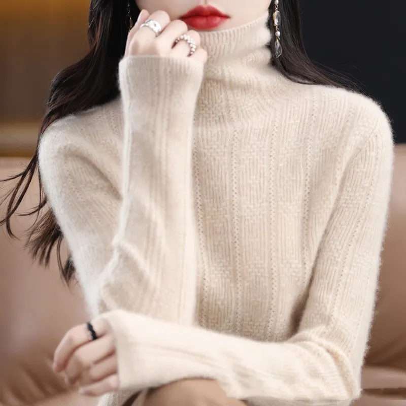 Pure Wool Sweater Cascading Collar Women - Raw Velvet Beige - View 1