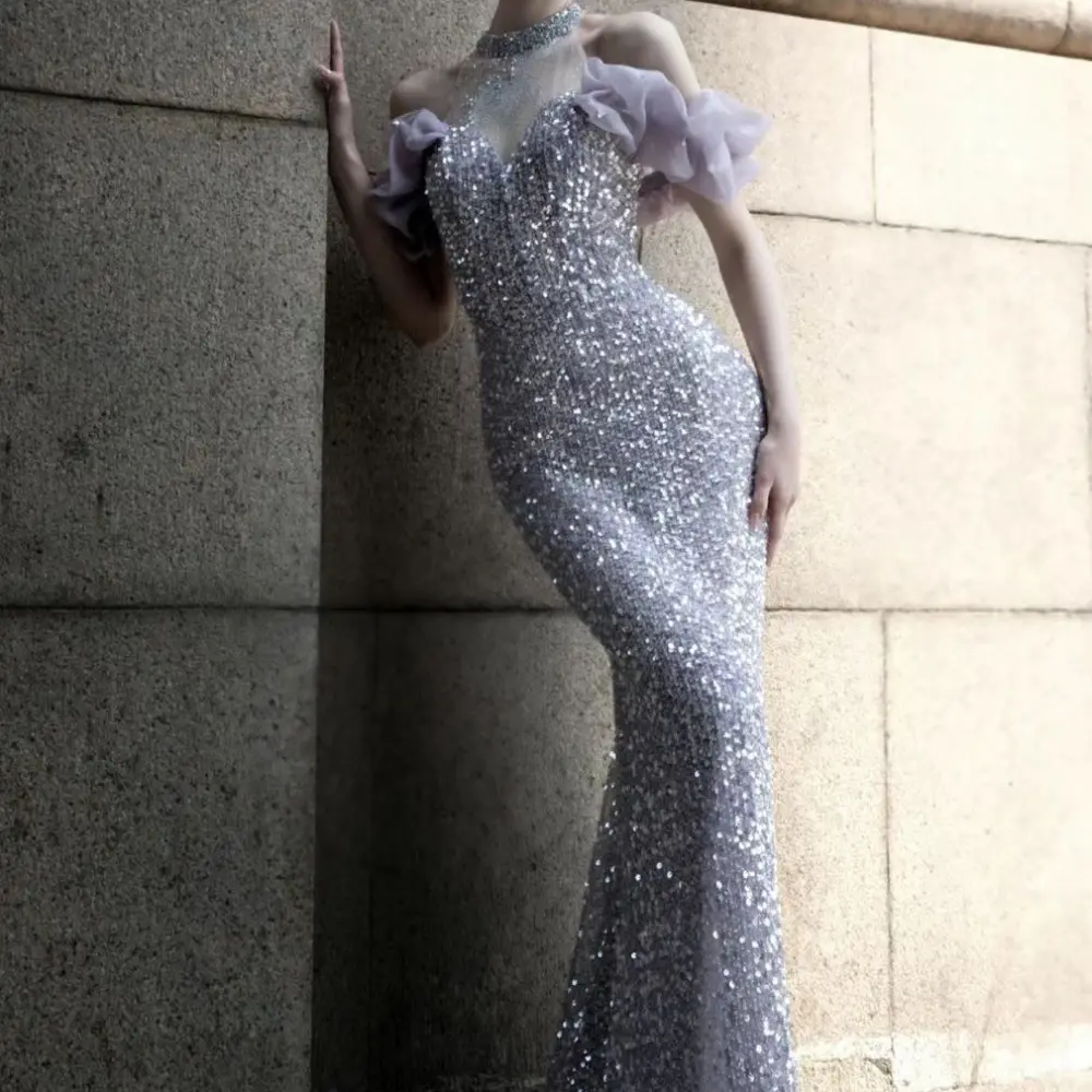 Purple Host Starry Sky Annual Meeting Beaded Toast Dress