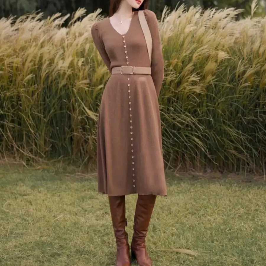 Women's Fashion Brown Knitted Dress
