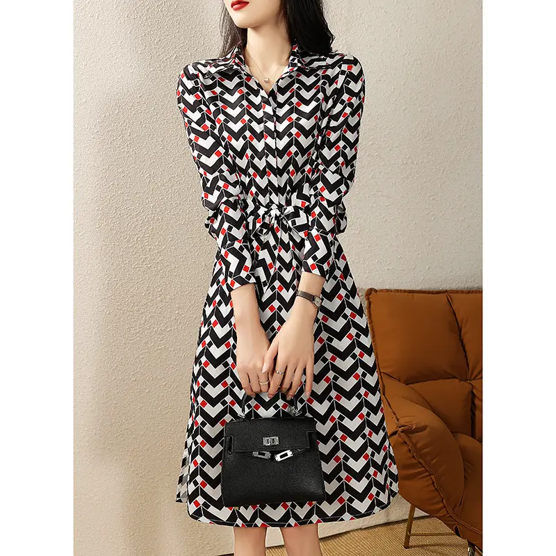 Printed Long Sleeve Dress Women's Waist