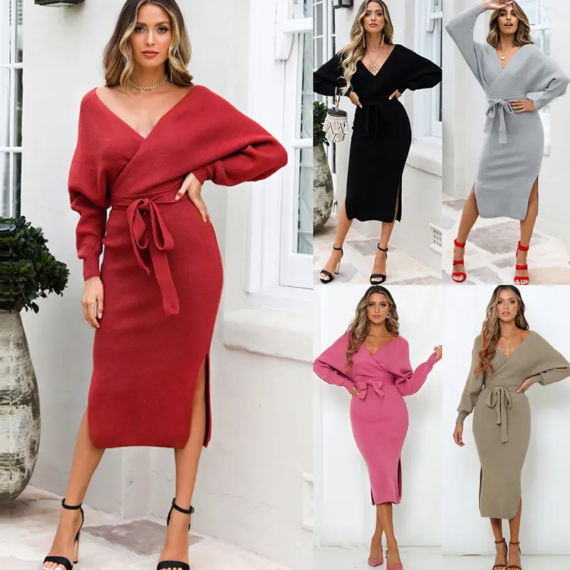 Women's Knitted Dress Slim V-neck