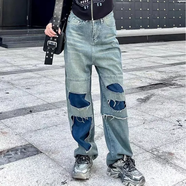 Women's Straight Pants Ripped Slimming Stitching Jeans Blue - Shop at LoveMi