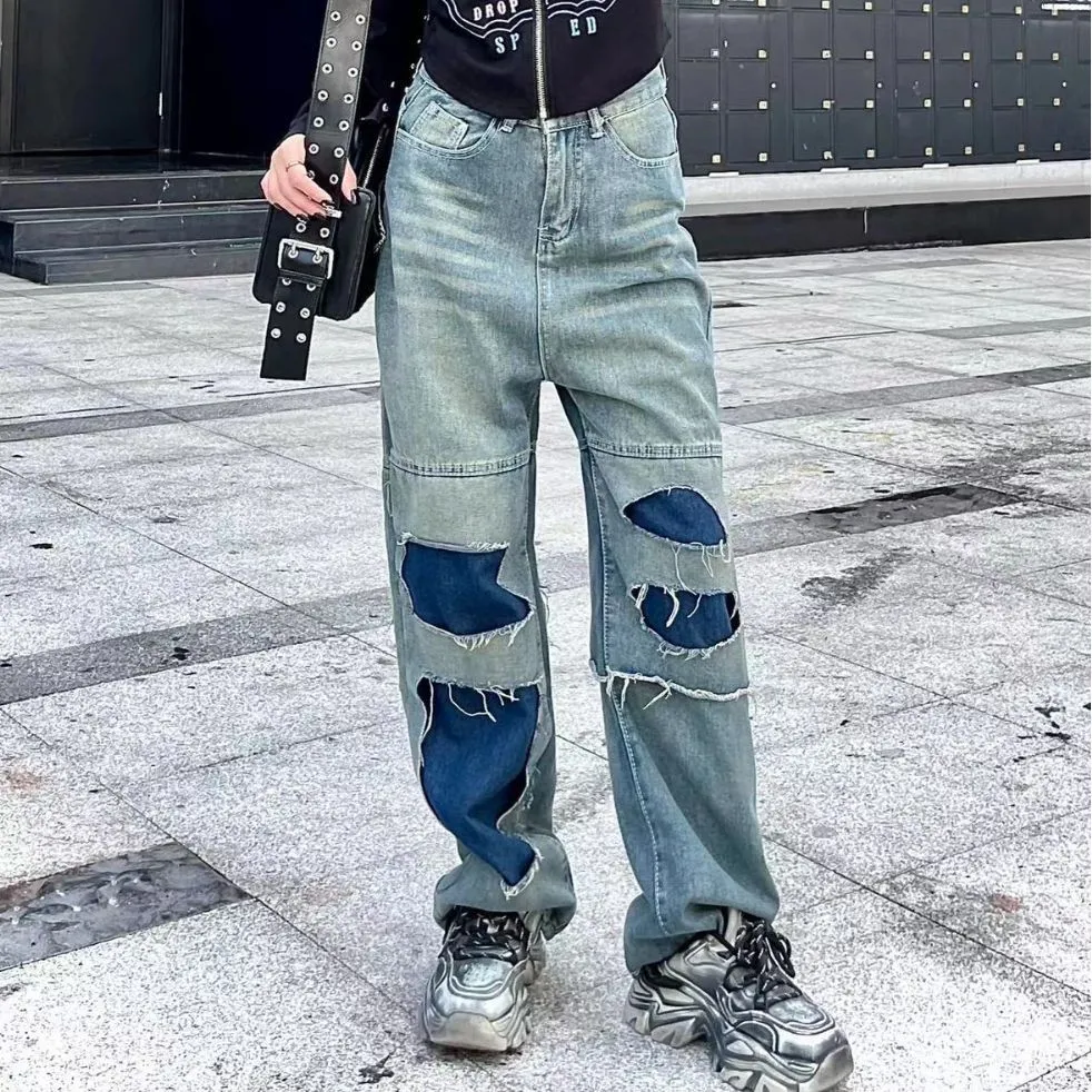 Women's Straight Pants Ripped Slimming Stitching Jeans - Blue